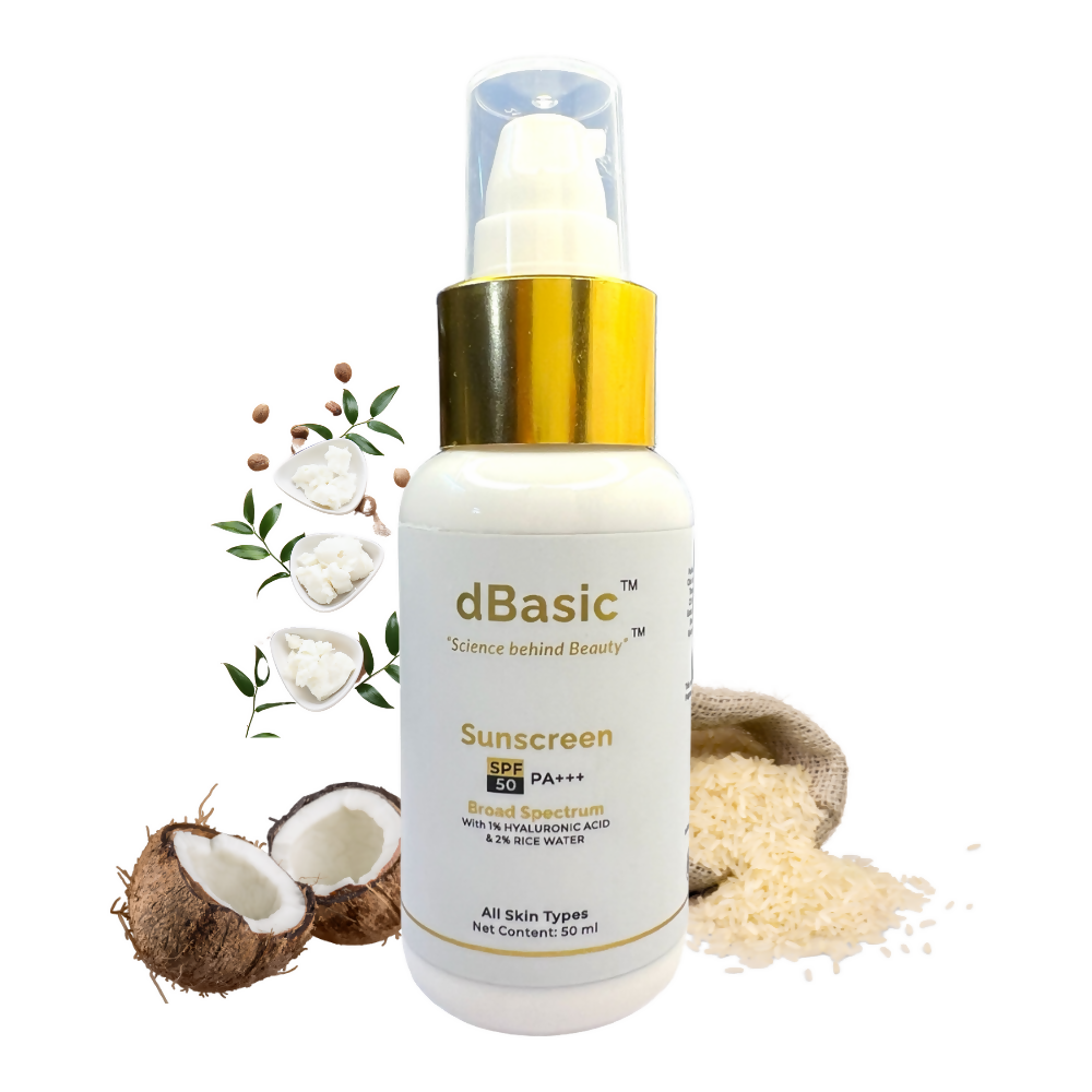 dBasic Sunscreen SPF50 PA+++ UVA/UVB, Blue Light Filter, Rice Water, Shea Butter & No White Cast | Swadesiicart