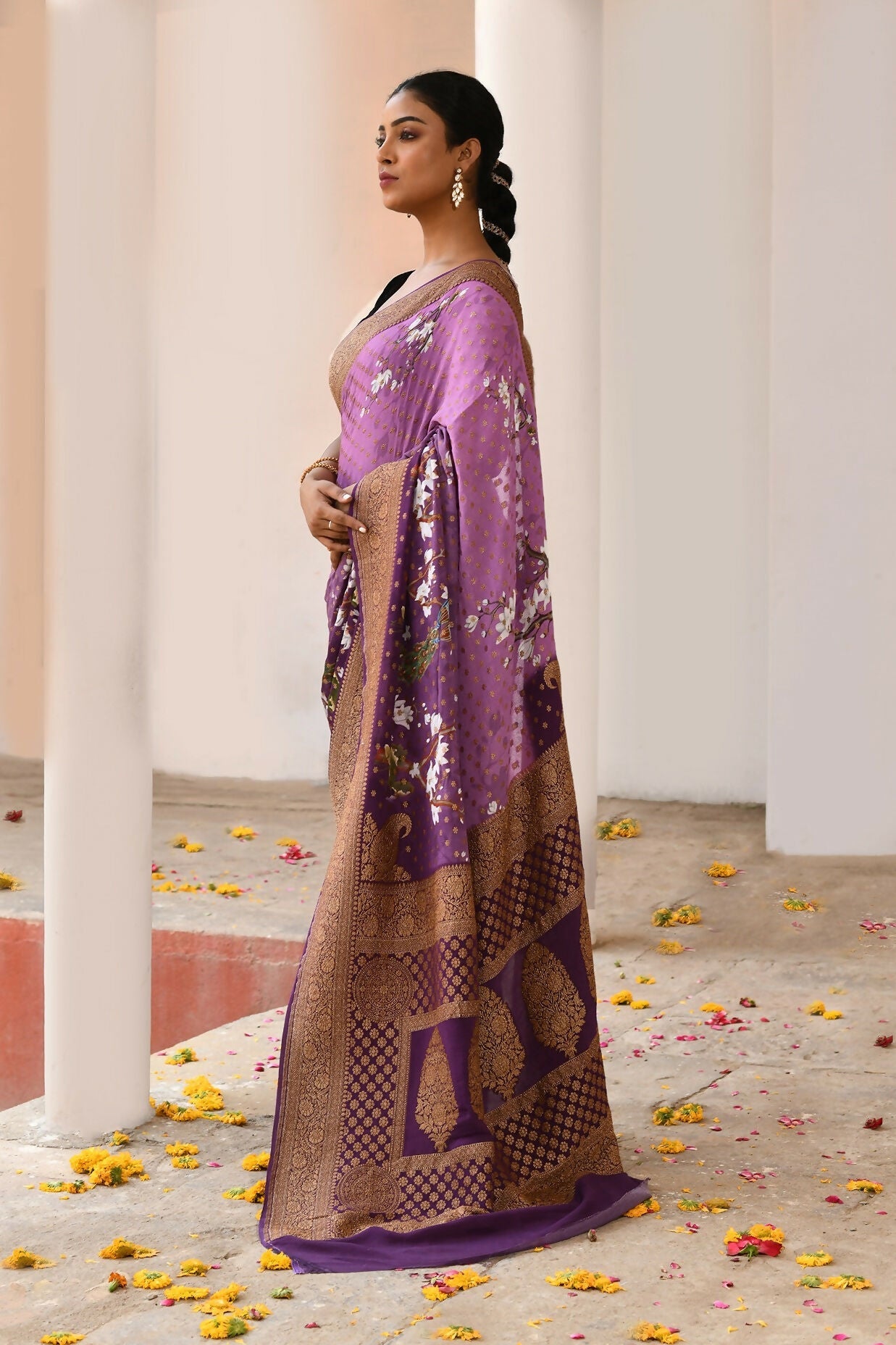 Joban Fashion Plum Purple Crepe Chiffon Pure Handloom Banarasi Silk Saree | Swadesiicart