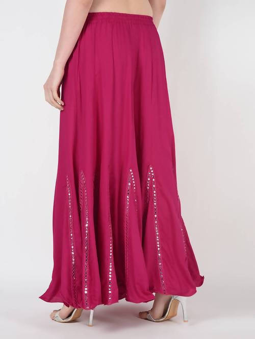 Mominos Fashion Magenta Viscose Rayon Flared Palazzo with Mirror Lace Work - Swadesiicart