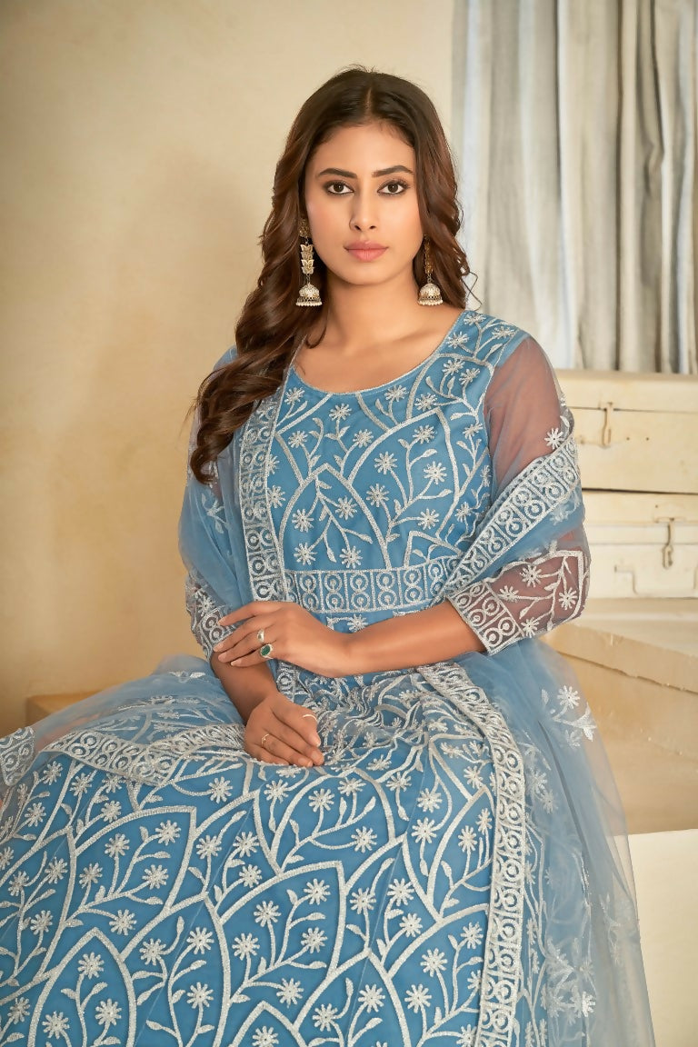 Jyoti Fashion Women's Sky Blue Net Embroidered Anarkali Kurta Pant Set With Dupatta | Swadesiicart