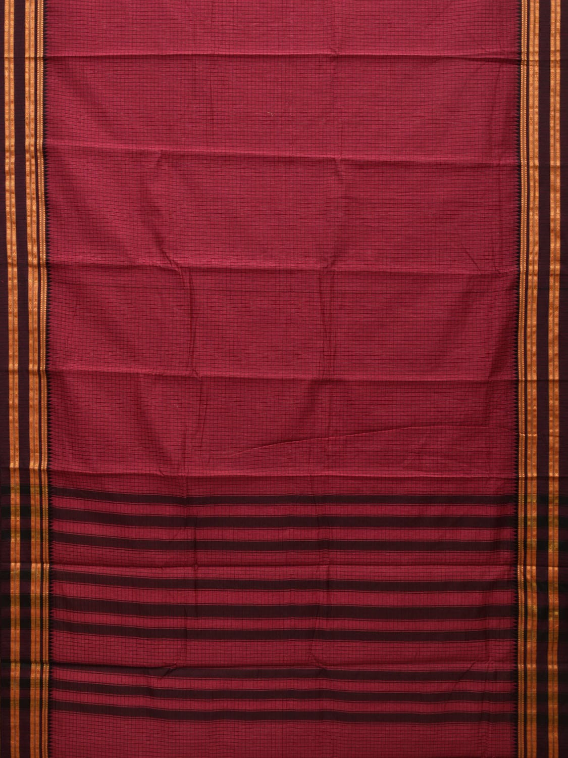 Burgundy Bamboo Cotton Saree with Checks Design - Global Threads | Swadesiicart