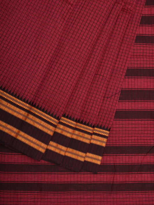 Burgundy Bamboo Cotton Saree with Checks Design - Global Threads | Swadesiicart