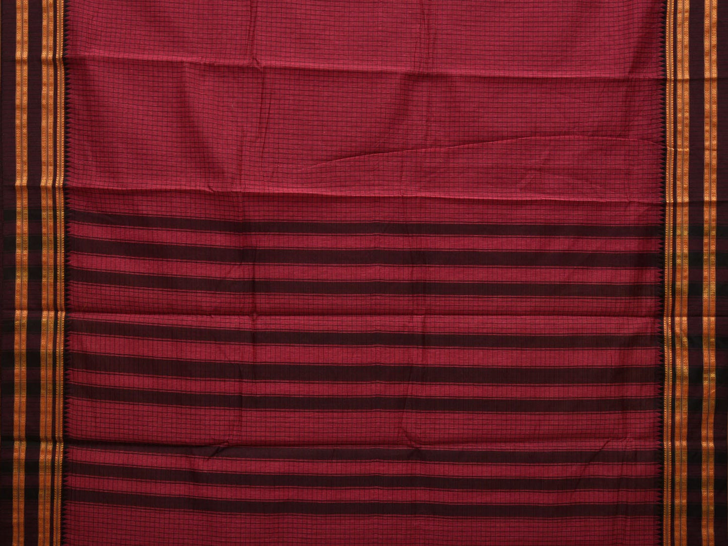 Burgundy Bamboo Cotton Saree with Checks Design - Global Threads | Swadesiicart