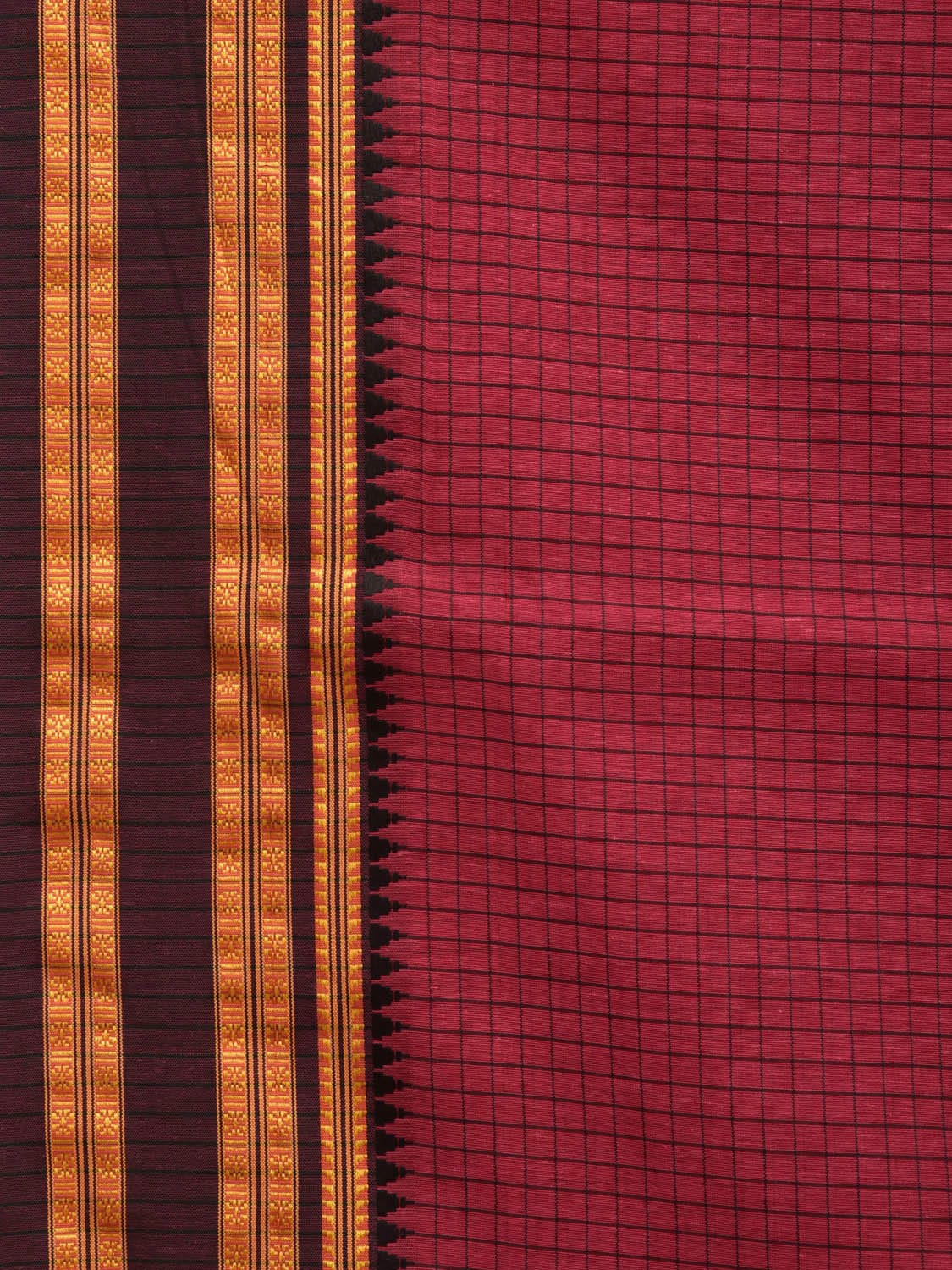 Burgundy Bamboo Cotton Saree with Checks Design - Global Threads | Swadesiicart