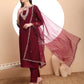 Yufta Burgundy Embroidered Kurta With Pant And Dupatta Comes With Cotton Lining