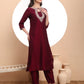 Yufta Burgundy Embroidered Kurta With Pant And Dupatta Comes With Cotton Lining