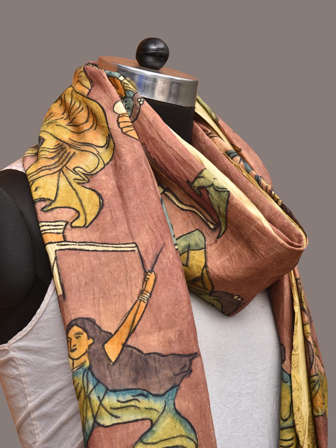 Burgundy Kalamkari Hand Painted Kanchipuram Silk Handloom Dupatta with Painting Design - Global Threads | Swadesiicart