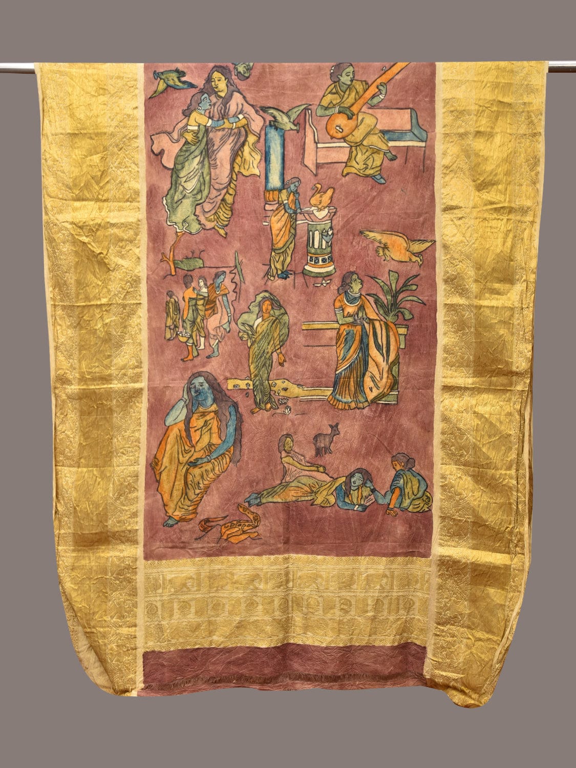 Burgundy Kalamkari Hand Painted Kanchipuram Silk Handloom Dupatta with Painting Design - Global Threads | Swadesiicart