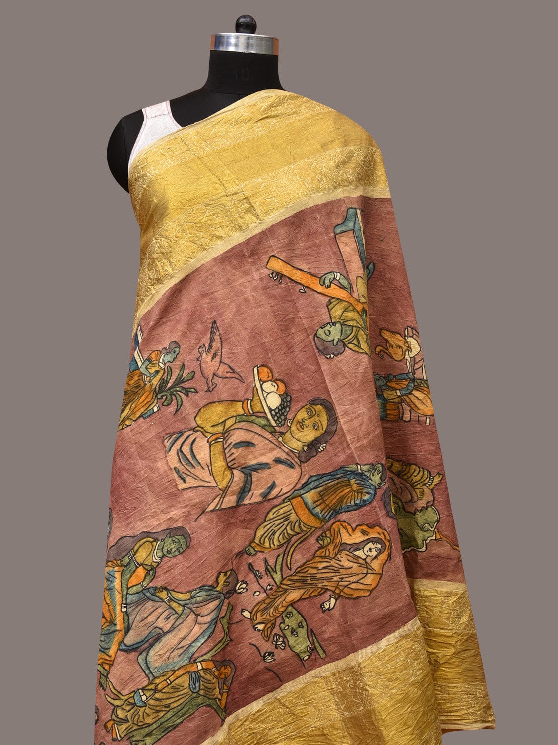 Burgundy Kalamkari Hand Painted Kanchipuram Silk Handloom Dupatta with Painting Design - Global Threads | Swadesiicart