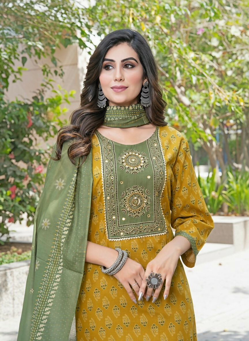 BulBul Aaliya Warm Mustard Cotton Kurta Set with Dupatta - Swadesiicart