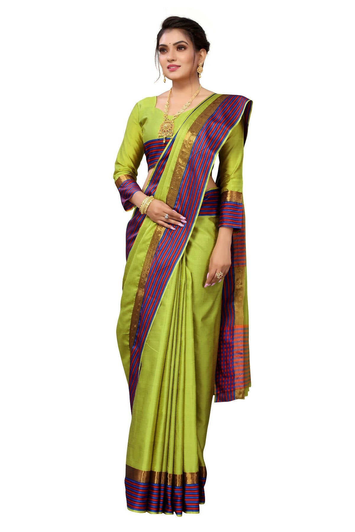 Vamika Ethnic Fire Parrot Green Cotton Silk Saree | Swadesiicart