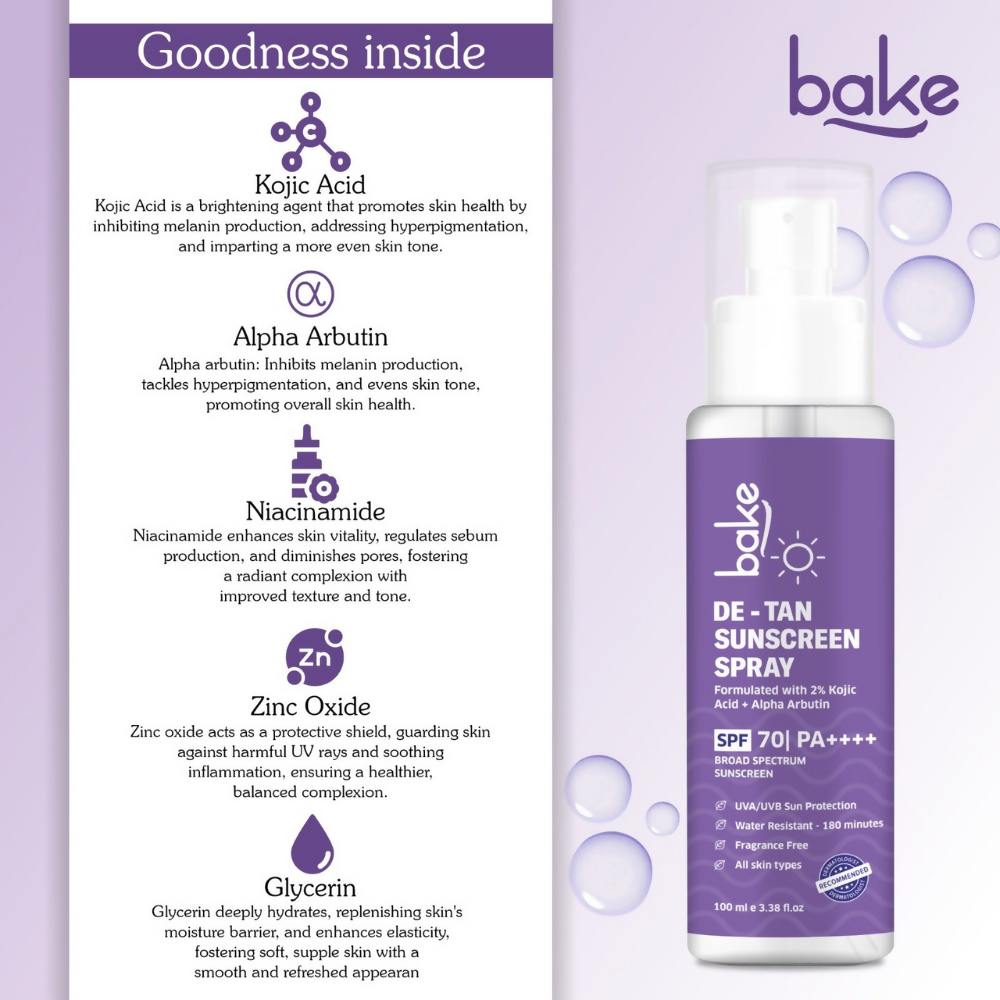 Bake De-tan Waterproof Sunscreen Spray SPF 70 PA+++ with 2% Kojic Acid | Swadesiicart