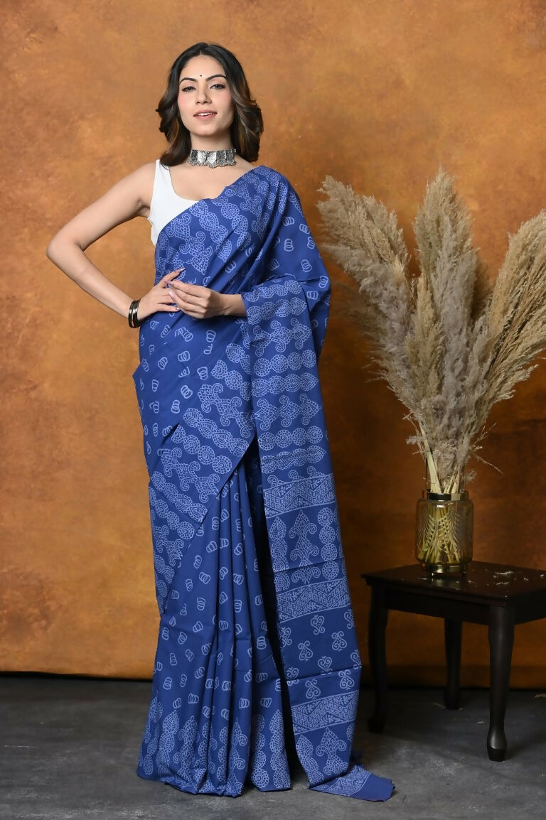 Very Much Indian Handblock Printed Cotton Saree With Natural Dyes - Indigo Blue | Swadesiicart