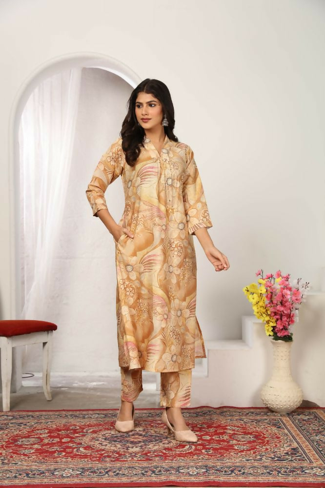 Jyoti Fashion Women's Beige Chanderi Silk Floral Print with Side Pocket Kurtis & Sets | Swadesiicart