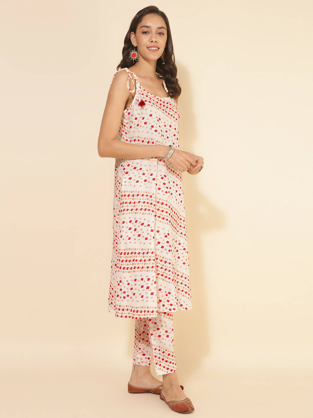 Janasya Women's White Cotton Geometric Printed Casual A-line Co-ords - Swadesiicart