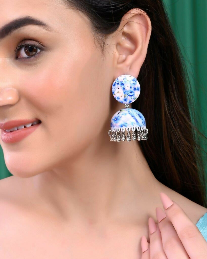 VOJ Set Of 2 Earrings- Blue Printed Jhumka With Black AD Studded Drop Earrings - Swadesiicart