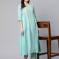 Ahalyaa Women Sea Green Colour Pure Cotton Gold Foil Print Kurta Pant Set | Swadesiicart