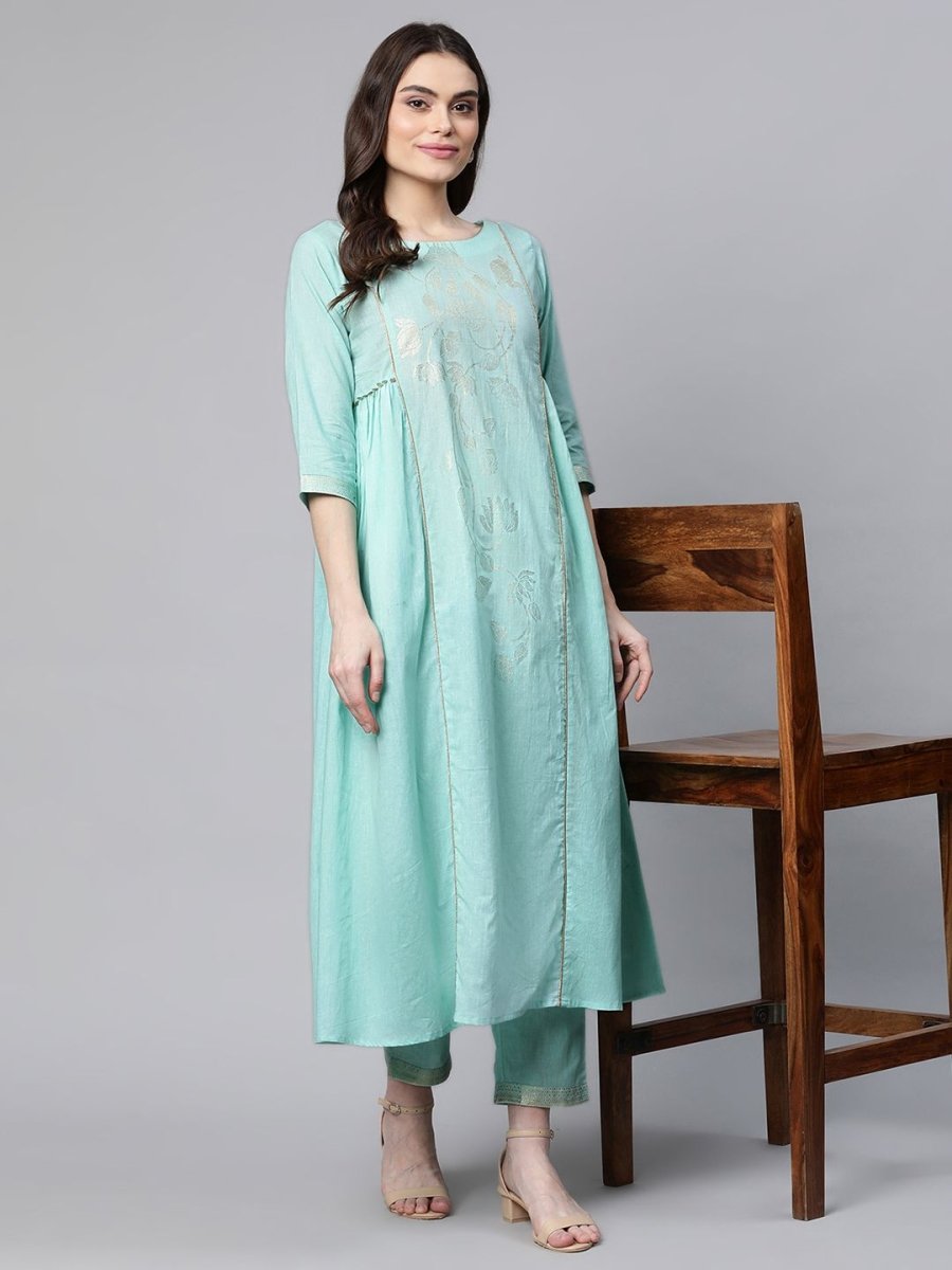 Ahalyaa Women Sea Green Colour Pure Cotton Gold Foil Print Kurta Pant Set | Swadesiicart