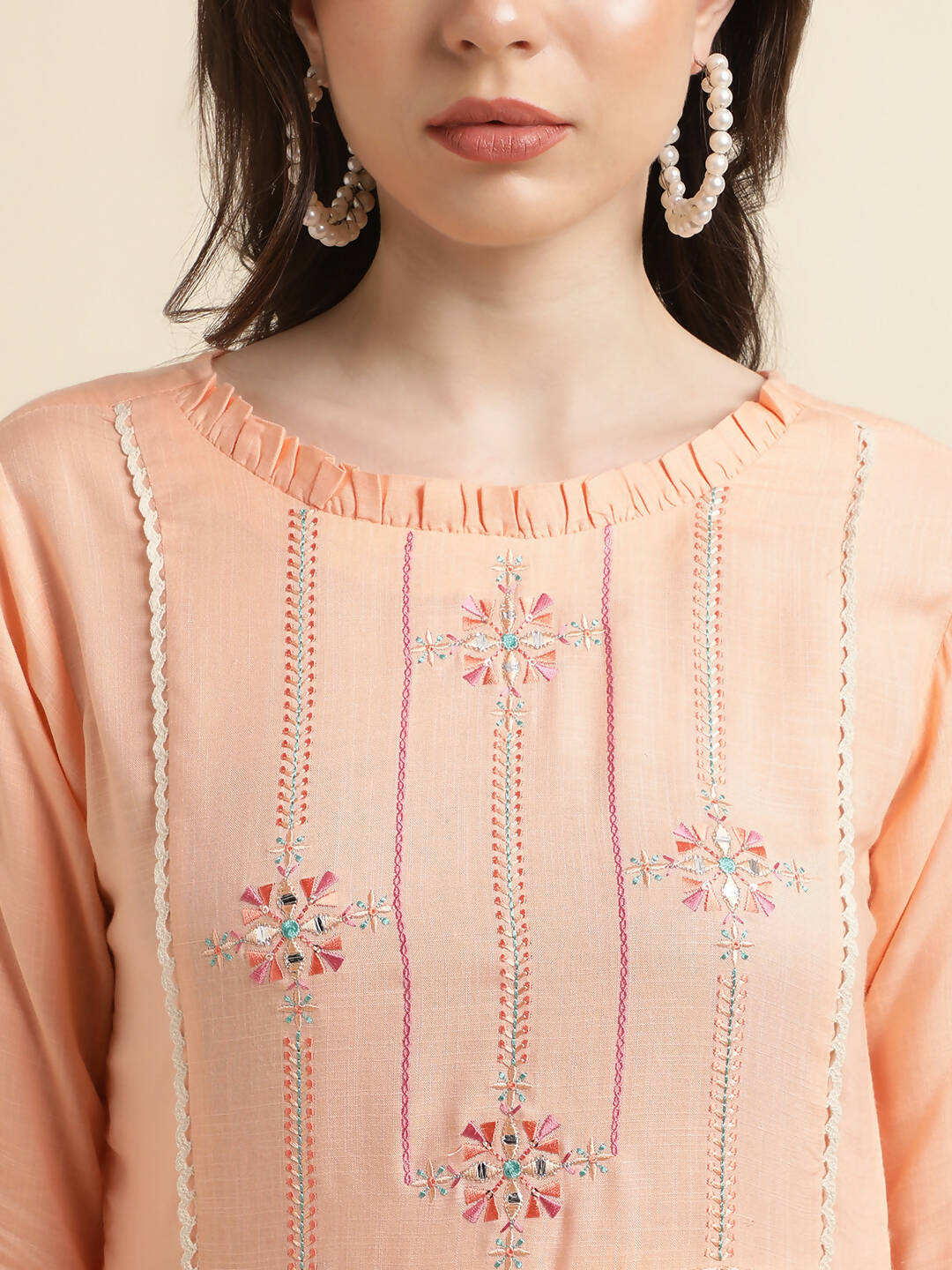 Peach Poly Cotton Yoke Embroidered A-line Top - Tarini - Swadesiicart