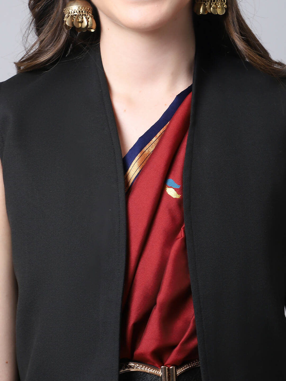 Even Apparels Black Polywool Open Front Women's Long Coat | Swadesiicart