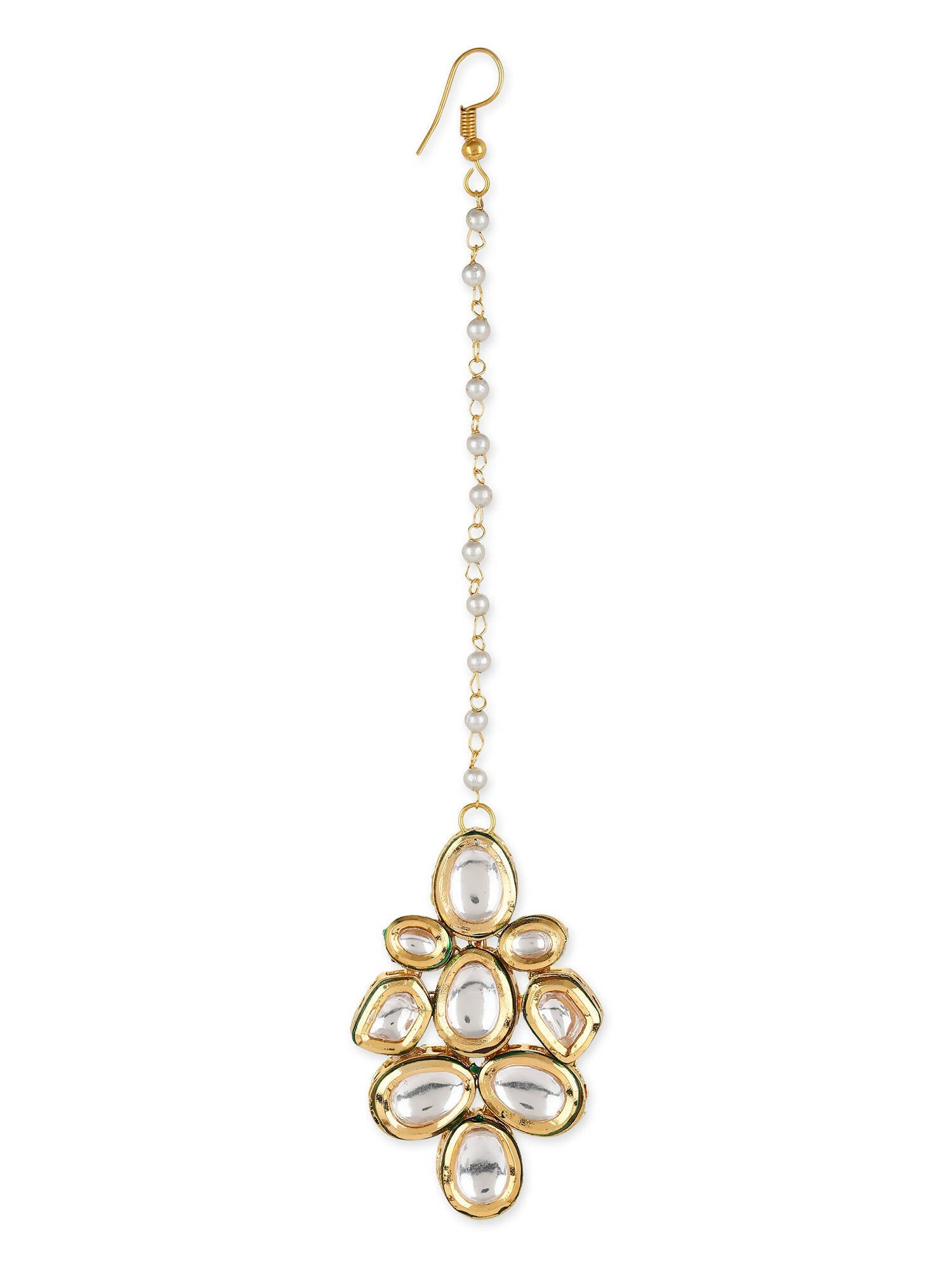 White Gold-Polished Kundan Studded Beaded Maang Tikka - Ruby Raang | Swadesiicart