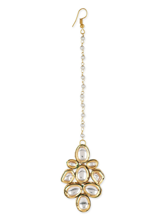 White Gold-Polished Kundan Studded Beaded Maang Tikka - Ruby Raang | Swadesiicart