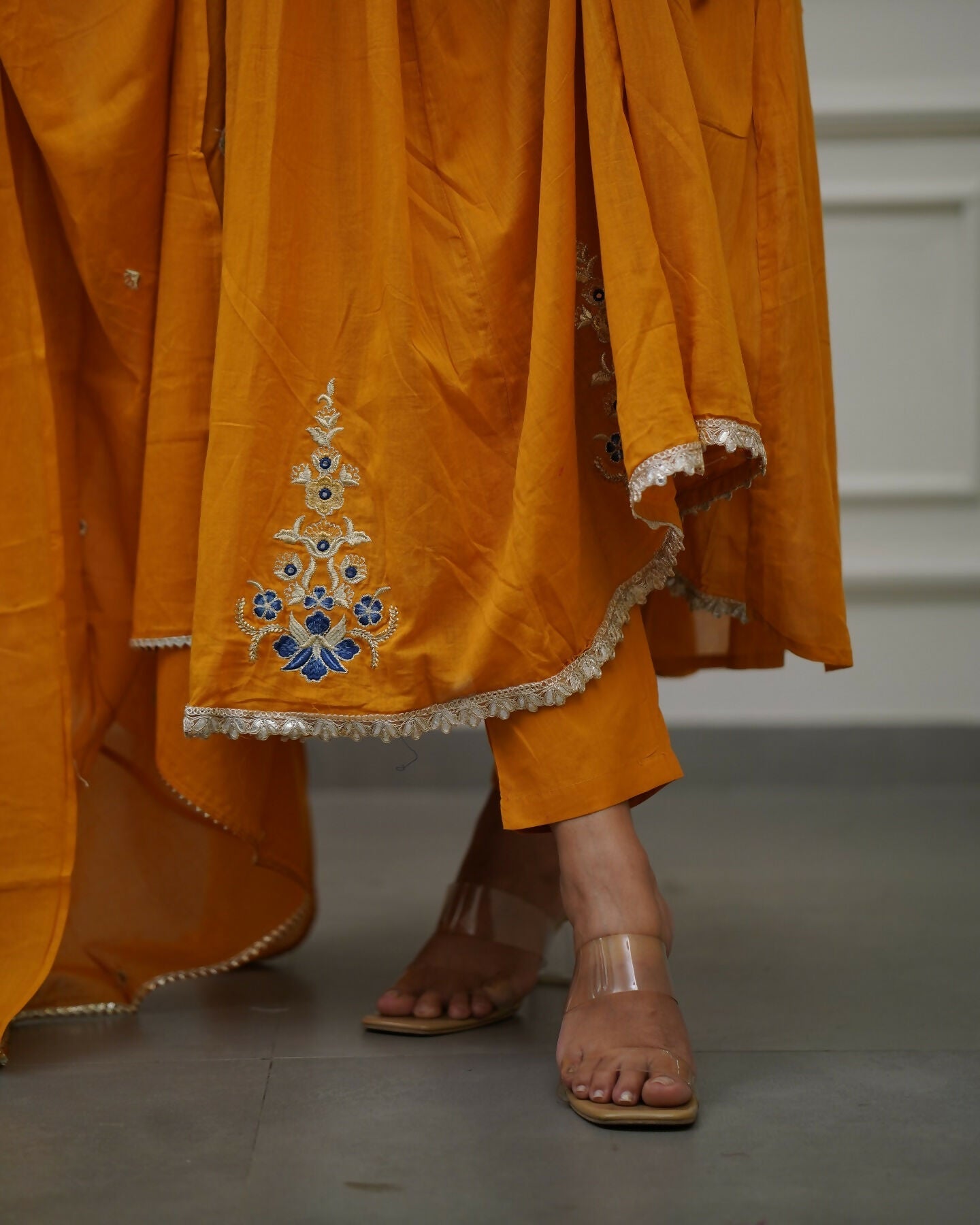 The52 Orange Women's Gorgeous Viscose Fabric Embroidered Work Flared Kurta Pant and Dupatta Set - Swadesiicart