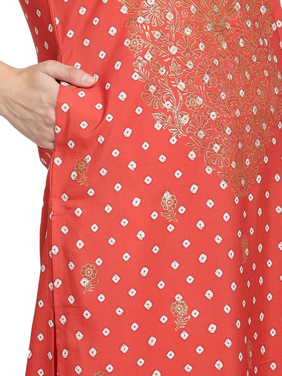 Ahalyaa Red Crepe Bandhani Gold Printed Kurta Pant With Dupatta | Swadesiicart