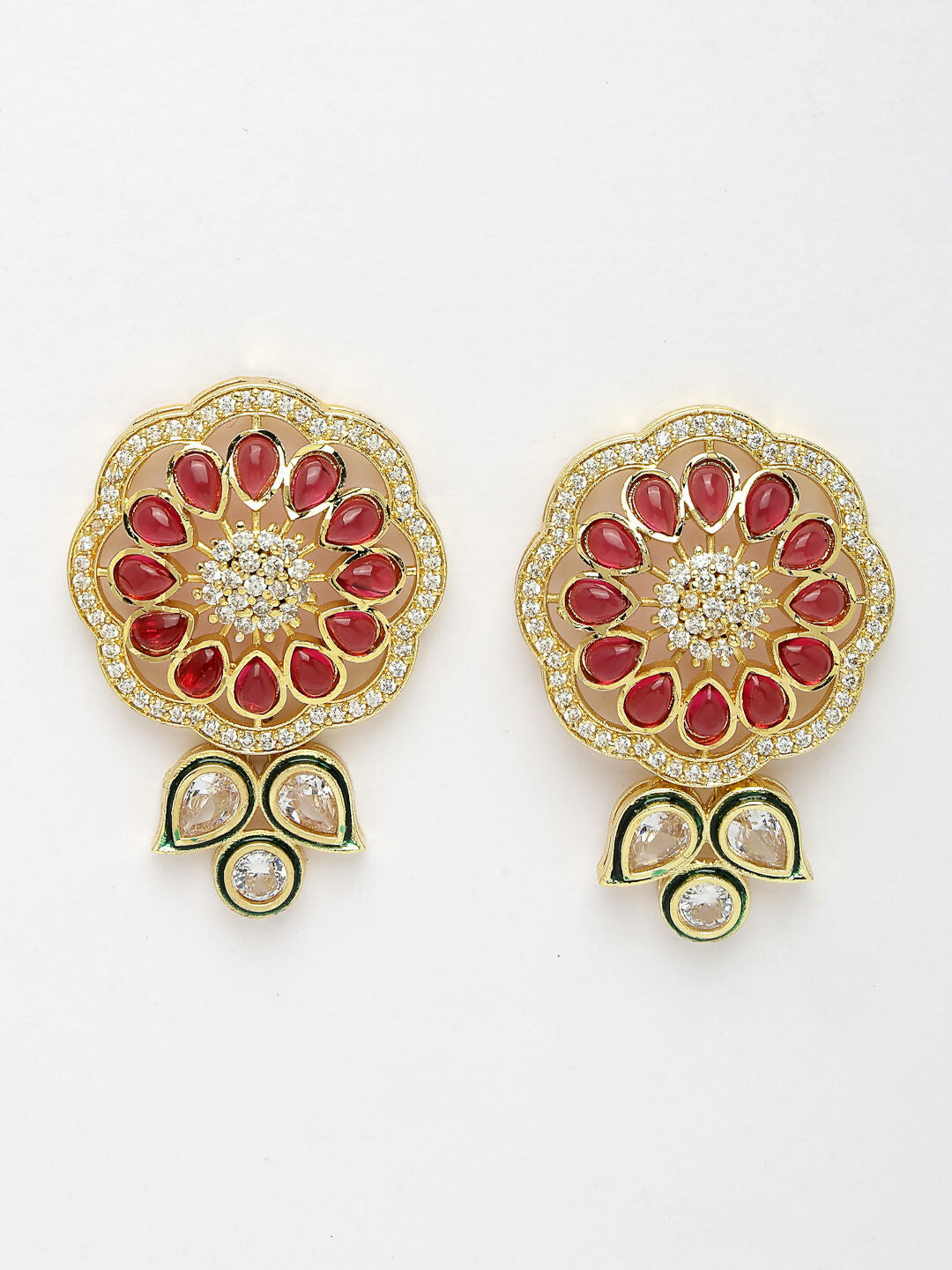 NVR Women's Set of 2 Red & Gold Kundan Studded Jewellery Set Choker & Long Necklace With Earrings - Swadesiicart