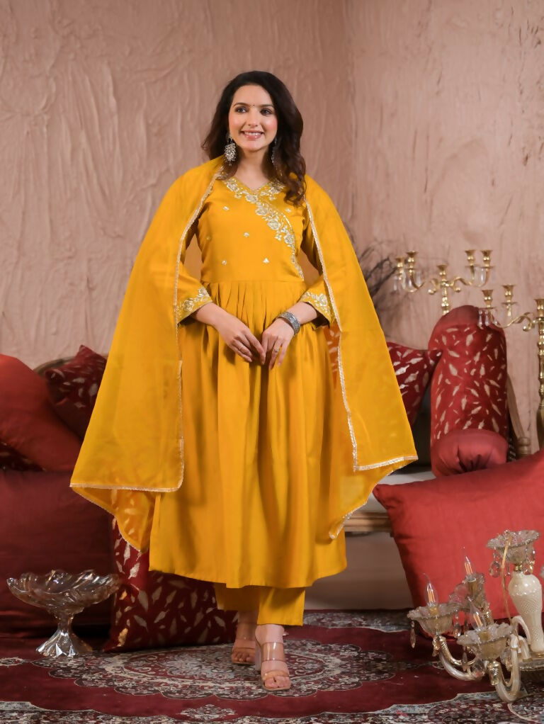 Ethnic Festive Wear Viscose Chanderi Yellow Stitched Suit With Dupatta - Tanisha | Swadesiicart