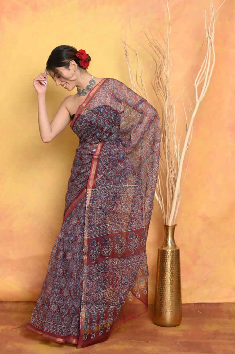 Very Much Indian Pure Kota Cotton Handblock Printed Saree - Grey | Swadesiicart