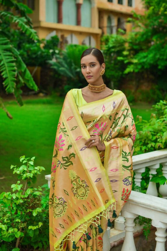 Vishnu Weaves Women's Parrot Green Paithani Silk Zari Woven Saree with Unstitched Blouse - Swadesiicart