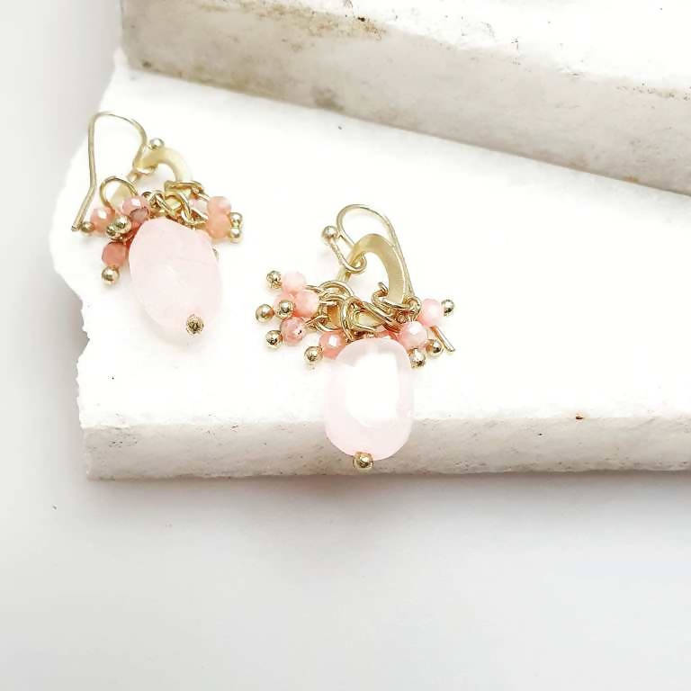 Bling Accessories Rose Quartz Natural Stone Bunch Drop Earrings | Swadesiicart
