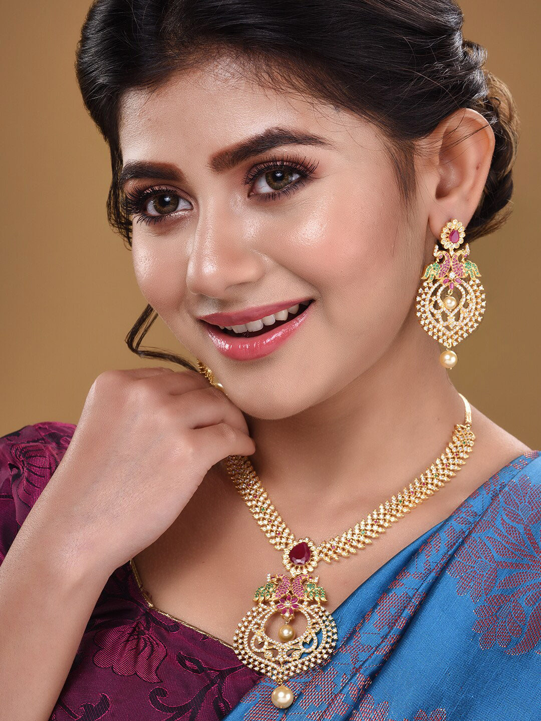 Saraf RS Jewellery Gold-Polished Green & Pink American Diamond Studded & Beaded Handcrafted Jewellery Set - Swadesiicart