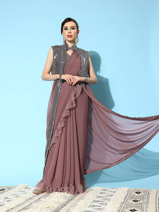 Mitera Mauve Sequinned Pure Georgette Ready to Wear Saree With Shrug | Swadesiicart