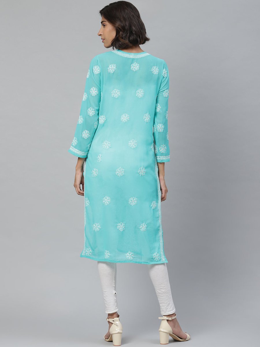 ADA Women Sea Green & White Floral Chikankari Embroidered Straight Sustainable Handloom Kurta | Swadesiicart