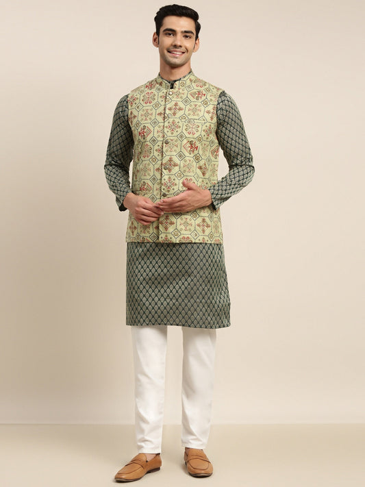 Sojanya Men Green Ethnic Motifs Kurta with Pyjama & Nehru Jacket | Swadesiicart