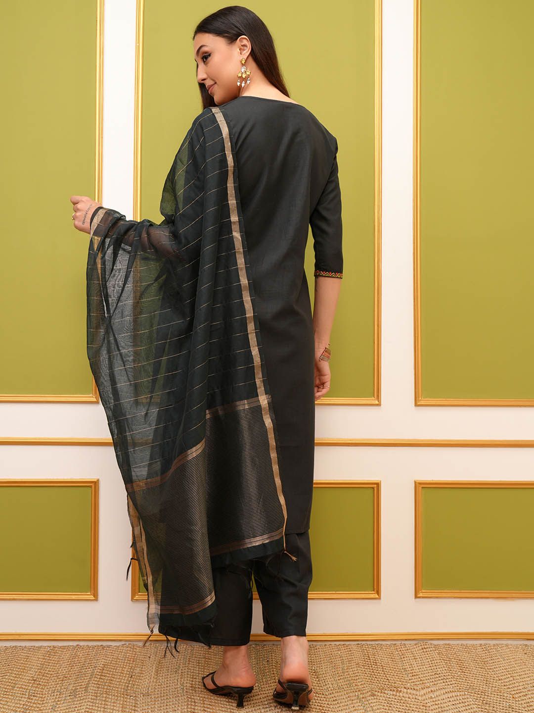 Vishudh Green Embroidered Thread Work Kurta with Palazzo & Dupatta - Swadesiicart