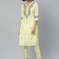 ADA Women Yellow & Olive Green Chikankari Floral Embroidered Sustainable Handloom Kurta with Trousers | Swadesiicart