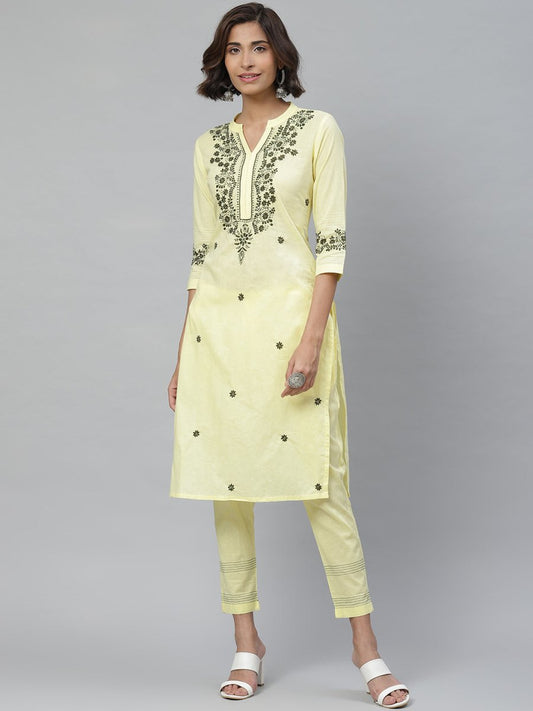 ADA Women Yellow & Olive Green Chikankari Floral Embroidered Sustainable Handloom Kurta with Trousers | Swadesiicart