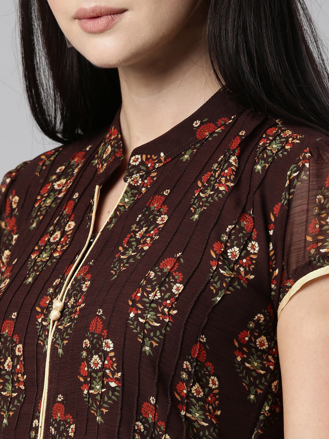 Souchii Women Brown & Red Floral Printed Block Print Kurta - Swadesiicart