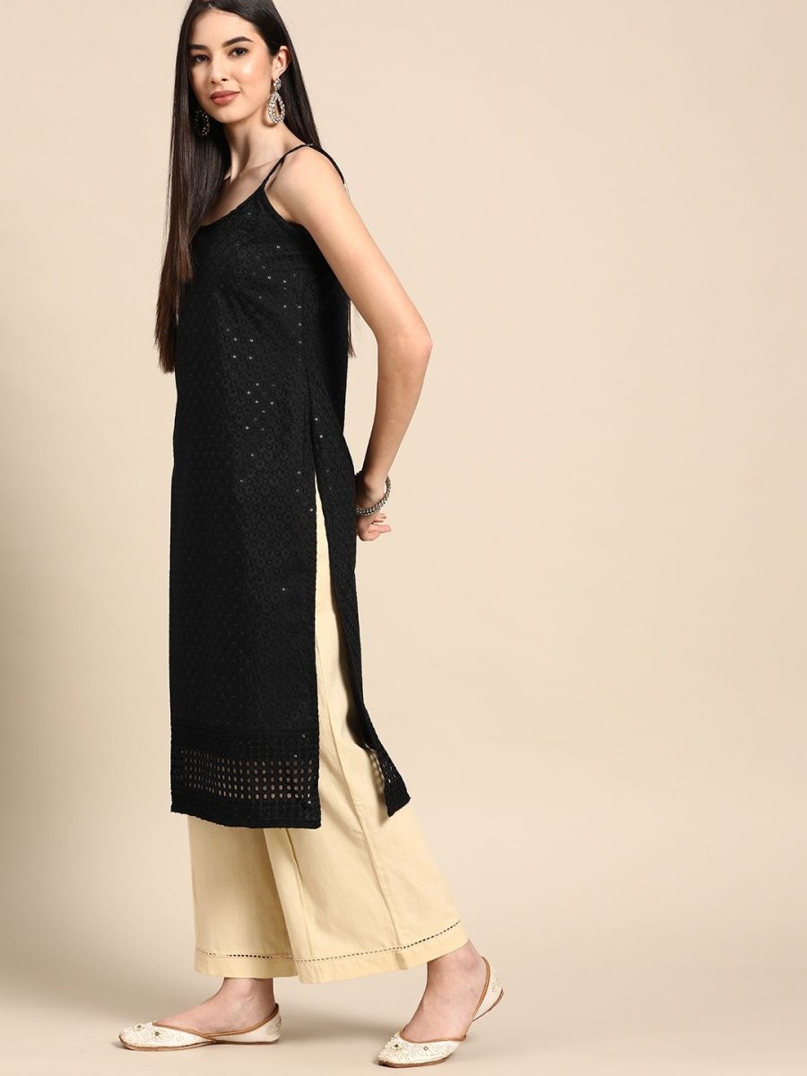 Anouk Women Black Cotton Ethnic Motifs Schiffli Embroidered Fusion Kurta - Swadesiicart