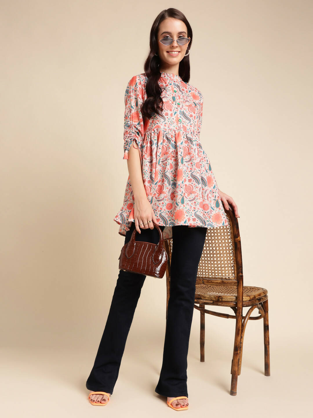 Orange Poly Rayon Digital Printed A-line Top - Tarini - Swadesiicart