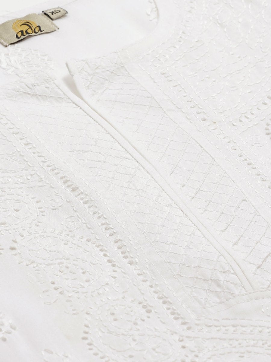 ADA Women White Chikankari Embroidered Sustainable Handloom Kurta with Churidar | Swadesiicart