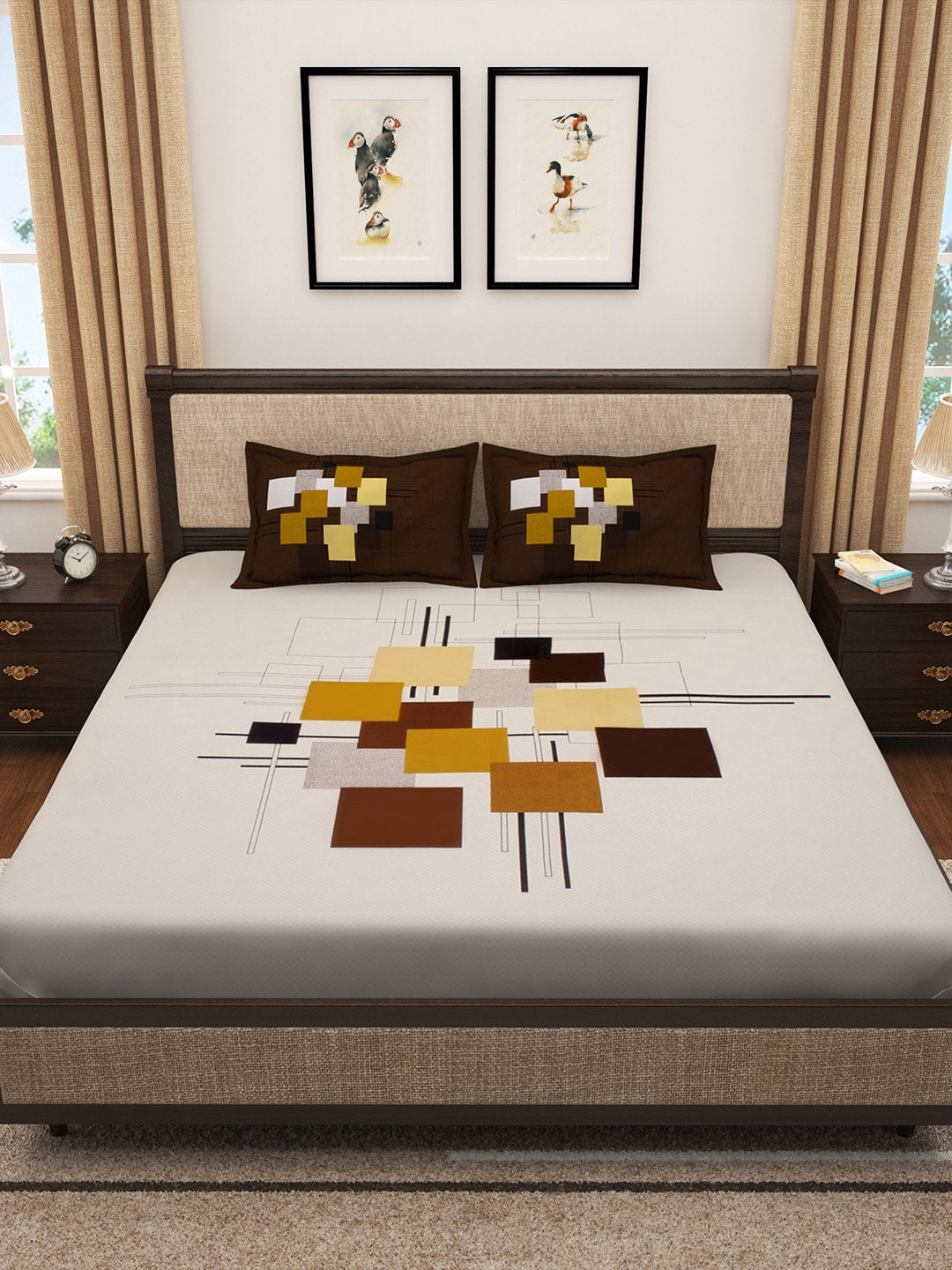 Story@home Cream-Coloured & Brown Abstract 300 TC Cotton 1 King Bedsheet with 2 Pillow Covers - Swadesiicart