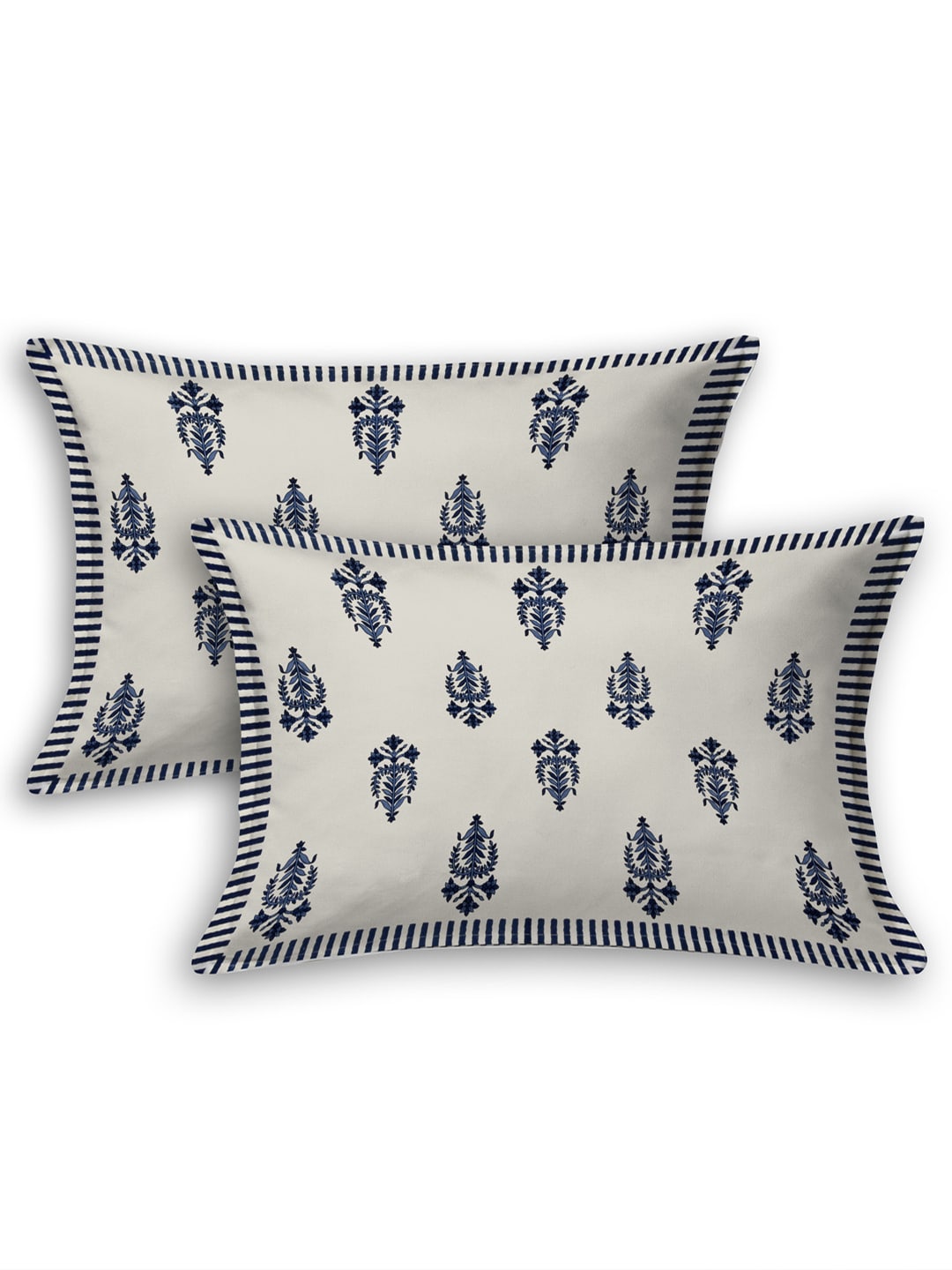 LIVING ROOTS White & Navy Blue Printed 210 TC Cotton 1 Extra Large Bedsheet with 2 Pillow Covers - Swadesiicart