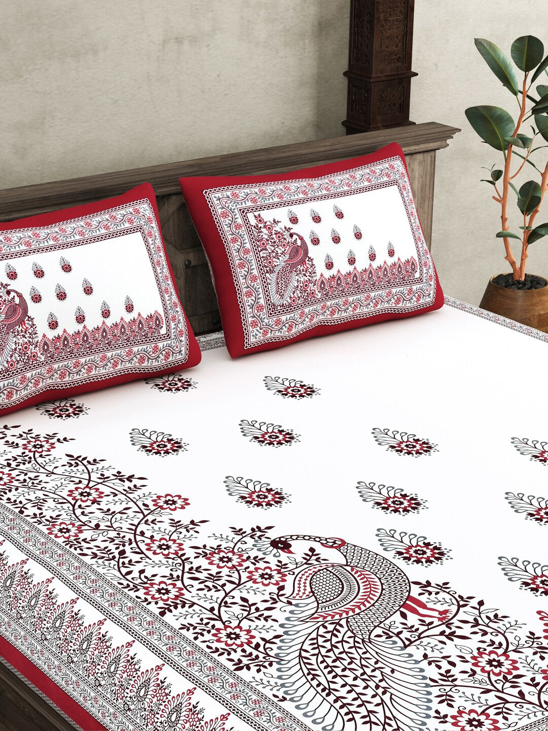 JAIPUR FABRICWhite Red Ethnic Motifs Cotton 250 TC King Bedsheet With 2 Pillow Covers | Swadesiicart