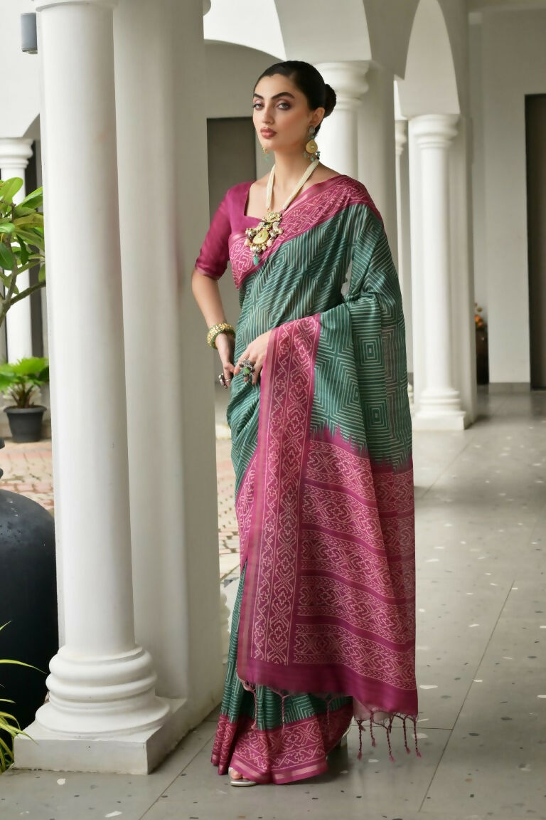 Vishnu Weaves Women's Wine Soft Tussar Silk Printed Saree with Blouse - Swadesiicart