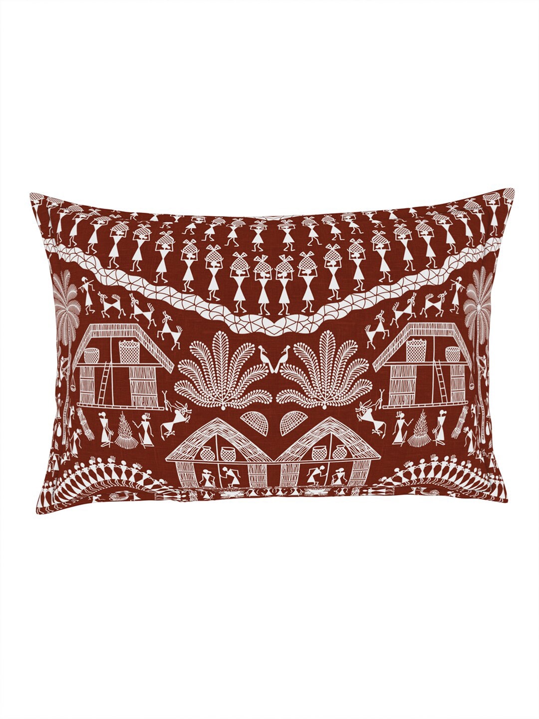 SPACES Warli Orange & White Printed Cotton 210 TC King Bedsheet with 2 Pillow Covers - Swadesiicart