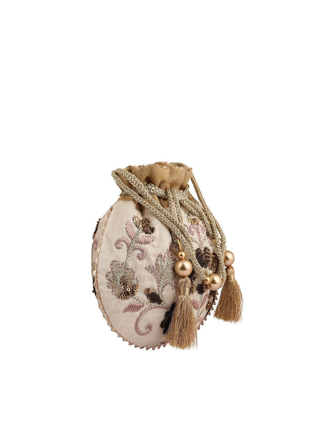 Masq Beige & Brown Embellished Embroidered Potli Clutch - Swadesiicart